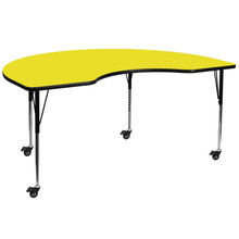 Wren Mobile 48''W x 72''L Kidney Yellow HP Laminate Activity Table - Standard Height Adjustable Legs [FLF-XU-A4872-KIDNY-YEL-H-A-CAS-GG]