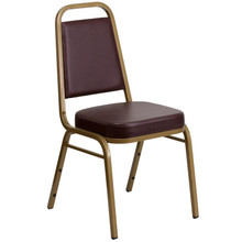 Brown Vinyl Trapezoidal Back Stacking Banquet Chair with Gold Frame
