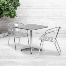 Lila 27.5'' Square Aluminum Indoor-Outdoor Table Set with 2 Slat Back Chairs [FLF-TLH-ALUM-28SQ-017BCHR2-GG]