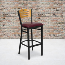 HERCULES Series Black Slat Back Metal Restaurant Barstool - Natural Wood Back, Burgundy Vinyl Seat [FLF-XU-DG-6H3B-SLAT-BAR-BURV-GG]