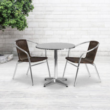 Lila 27.5'' Round Aluminum Indoor-Outdoor Table Set with 2 Dark Brown Rattan Chairs [FLF-TLH-ALUM-28RD-020CHR2-GG]