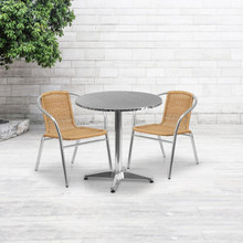 Lila 27.5'' Round Aluminum Indoor-Outdoor Table Set with 2 Beige Rattan Chairs [FLF-TLH-ALUM-28RD-020BGECHR2-GG]