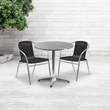 Lila 27.5'' Round Aluminum Indoor-Outdoor Table Set with 2 Black Rattan Chairs [FLF-TLH-ALUM-28RD-020BKCHR2-GG]
