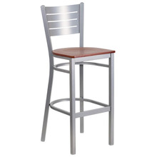 HERCULES Series Silver Slat Back Metal Restaurant Barstool - Cherry Wood Seat [FLF-XU-DG-60402-BAR-CHYW-GG]