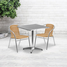 Lila 27.5'' Square Aluminum Indoor-Outdoor Table Set with 2 Beige Rattan Chairs [FLF-TLH-ALUM-28SQ-020BGECHR2-GG]