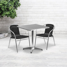 Lila 27.5'' Square Aluminum Indoor-Outdoor Table Set with 2 Black Rattan Chairs [FLF-TLH-ALUM-28SQ-020BKCHR2-GG]