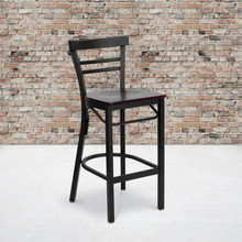 HERCULES Series Black Two-Slat Ladder Back Metal Restaurant Barstool - Mahogany Wood Seat [FLF-XU-DG6R9BLAD-BAR-MAHW-GG]