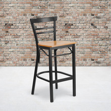 HERCULES Series Black Two-Slat Ladder Back Metal Restaurant Barstool - Natural Wood Seat [FLF-XU-DG6R9BLAD-BAR-NATW-GG]