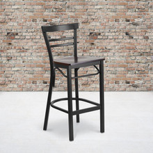HERCULES Series Black Two-Slat Ladder Back Metal Restaurant Barstool - Walnut Wood Seat [FLF-XU-DG6R9BLAD-BAR-WALW-GG]