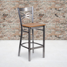 HERCULES Series Clear Coated ''X'' Back Metal Restaurant Barstool - Natural Wood Seat [FLF-XU-6F8B-CLR-BAR-NATW-GG]