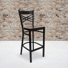HERCULES Series Black ''X'' Back Metal Restaurant Barstool - Mahogany Wood Seat [FLF-XU-6F8BXBK-BAR-MAHW-GG]