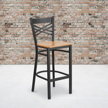 HERCULES Series Black ''X'' Back Metal Restaurant Barstool - Natural Wood Seat [FLF-XU-6F8BXBK-BAR-NATW-GG]