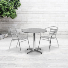 Lila 31.5'' Round Aluminum Indoor-Outdoor Table Set with 2 Slat Back Chairs [FLF-TLH-ALUM-32RD-017BCHR2-GG]