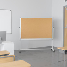 HERCULES Series 62.5"W x 62.25"H Reversible Mobile Cork Bulletin Board and White Board with Pen Tray [FLF-YU-YCI-004-CK-GG]