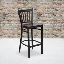 HERCULES Series Black Vertical Back Metal Restaurant Barstool - Mahogany Wood Seat [FLF-XU-DG-6R6B-VRT-BAR-MAHW-GG]