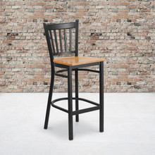 HERCULES Series Black Vertical Back Metal Restaurant Barstool - Natural Wood Seat [FLF-XU-DG-6R6B-VRT-BAR-NATW-GG]