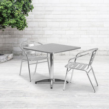 Lila 31.5'' Square Aluminum Indoor-Outdoor Table Set with 2 Slat Back Chairs [FLF-TLH-ALUM-32SQ-017BCHR2-GG]