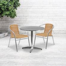 Lila 31.5'' Round Aluminum Indoor-Outdoor Table Set with 2 Beige Rattan Chairs [FLF-TLH-ALUM-32RD-020BGECHR2-GG]