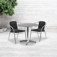 Lila 31.5'' Round Aluminum Indoor-Outdoor Table Set with 2 Black Rattan Chairs [FLF-TLH-ALUM-32RD-020BKCHR2-GG]