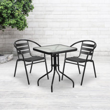 Lila 23.5'' Square Glass Metal Table with 2 Black Metal Aluminum Slat Stack Chairs [FLF-TLH-0731SQ-017CBK2-GG]