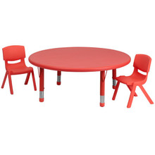 45'' Round Red Plastic Height Adjustable Activity Table Set with 2 Chairs [FLF-YU-YCX-0053-2-ROUND-TBL-RED-R-GG]