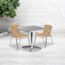 Lila 31.5'' Square Aluminum Indoor-Outdoor Table Set with 2 Beige Rattan Chairs [FLF-TLH-ALUM-32SQ-020BGECHR2-GG]
