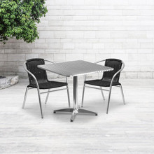 Lila 31.5'' Square Aluminum Indoor-Outdoor Table Set with 2 Black Rattan Chairs [FLF-TLH-ALUM-32SQ-020BKCHR2-GG]