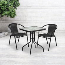 Lila 23.5'' Square Glass Metal Table with 2 Black Rattan Stack Chairs [FLF-TLH-0731SQ-037BK2-GG]