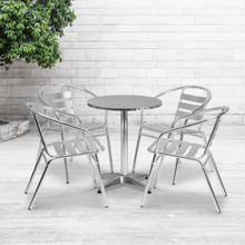 Lila 23.5'' Round Aluminum Indoor-Outdoor Table Set with 4 Slat Back Chairs [FLF-TLH-ALUM-24RD-017BCHR4-GG]