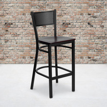 HERCULES Series Black Grid Back Metal Restaurant Barstool - Mahogany Wood Seat [FLF-XU-DG-60116-GRD-BAR-MAHW-GG]