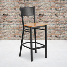 HERCULES Series Black Grid Back Metal Restaurant Barstool - Natural Wood Seat [FLF-XU-DG-60116-GRD-BAR-NATW-GG]