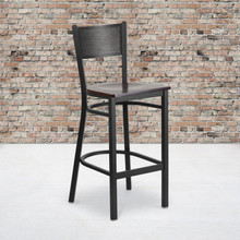 HERCULES Series Black Grid Back Metal Restaurant Barstool - Walnut Wood Seat [FLF-XU-DG-60116-GRD-BAR-WALW-GG]