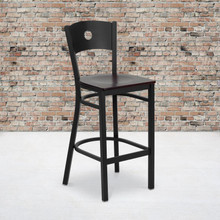 HERCULES Series Black Circle Back Metal Restaurant Barstool - Mahogany Wood Seat [FLF-XU-DG-60120-CIR-BAR-MAHW-GG]