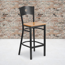 HERCULES Series Black Circle Back Metal Restaurant Barstool - Natural Wood Seat [FLF-XU-DG-60120-CIR-BAR-NATW-GG]