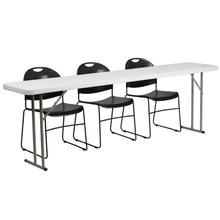 8-Foot Plastic Folding Training Table Set with 3 Black Plastic Stack Chairs [FLF-RB-1896-1-GG]
