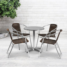 Lila 23.5'' Round Aluminum Indoor-Outdoor Table Set with 4 Dark Brown Rattan Chairs [FLF-TLH-ALUM-24RD-020CHR4-GG]