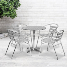 Lila 27.5'' Round Aluminum Indoor-Outdoor Table Set with 4 Slat Back Chairs [FLF-TLH-ALUM-28RD-017BCHR4-GG]