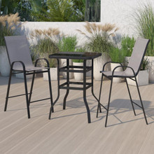 Brazos Outdoor Dining Set - 2-Person Bistro Set - Brazos Outdoor Glass Bar Table with Gray All-Weather Patio Stools [FLF-TLH-073H092H-GR-GG]