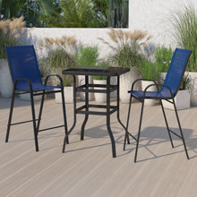 Brazos Outdoor Dining Set - 2-Person Bistro Set - Brazos Outdoor Glass Bar Table with Navy All-Weather Patio Stools [FLF-TLH-073H092H-NV-GG]