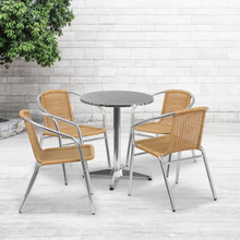 Lila 23.5'' Round Aluminum Indoor-Outdoor Table Set with 4 Beige Rattan Chairs [FLF-TLH-ALUM-24RD-020BGECHR4-GG]