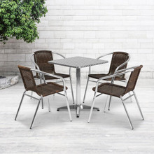 Lila 23.5'' Square Aluminum Indoor-Outdoor Table Set with 4 Dark Brown Rattan Chairs [FLF-TLH-ALUM-24SQ-020CHR4-GG]