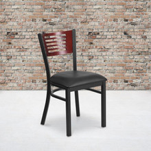 HERCULES Series Black Slat Back Metal Restaurant Chair - Mahogany Wood Back, Black Vinyl Seat [FLF-XU-DG-6G5B-MAH-BLKV-GG]