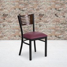 HERCULES Series Black Slat Back Metal Restaurant Chair - Walnut Wood Back, Burgundy Vinyl Seat [FLF-XU-DG-6G5B-WAL-BURV-GG]