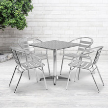Lila 27.5'' Square Aluminum Indoor-Outdoor Table Set with 4 Slat Back Chairs [FLF-TLH-ALUM-28SQ-017BCHR4-GG]