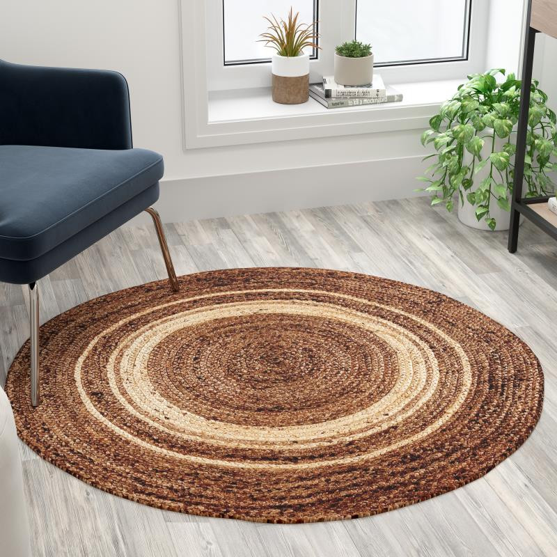 Round Jute Cotton Braided 4 Ft Colorful Fringed Indoor Area Rug 