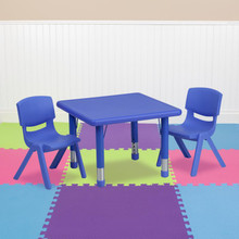 24'' Square Blue Plastic Height Adjustable Activity Table Set with 2 Chairs [FLF-YU-YCX-0023-2-SQR-TBL-BLUE-R-GG]