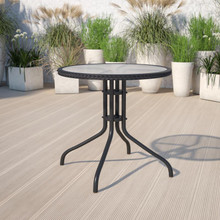 Barker 28'' Round Tempered Glass Metal Table with Black Rattan Edging [FLF-TLH-087-BK-GG]