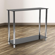 Riverside Collection Black Glass Console Table with Shelves and Stainless Steel Frame [FLF-HG-112350-GG]
