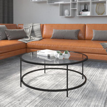 Astoria Collection Round Coffee Table - Modern Clear Glass Coffee Table with Matte Black Frame [FLF-NAN-JN-21750CT-BK-GG]