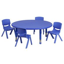 45'' Round Blue Plastic Height Adjustable Activity Table Set with 4 Chairs [FLF-YU-YCX-0053-2-ROUND-TBL-BLUE-E-GG]